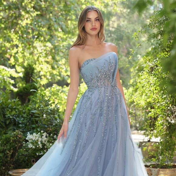 New Smoky Blue Strapless Beads Embellished A-Line Gown w/ Beaded Bodice CD A1491 - Picture 4 of 9